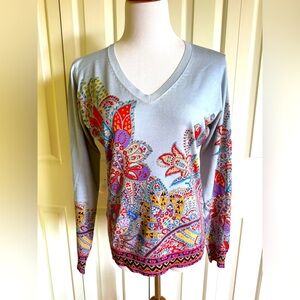 ETRO Women Blue/Multicolor Silk Blend Knit Pullover 10/46 EUC